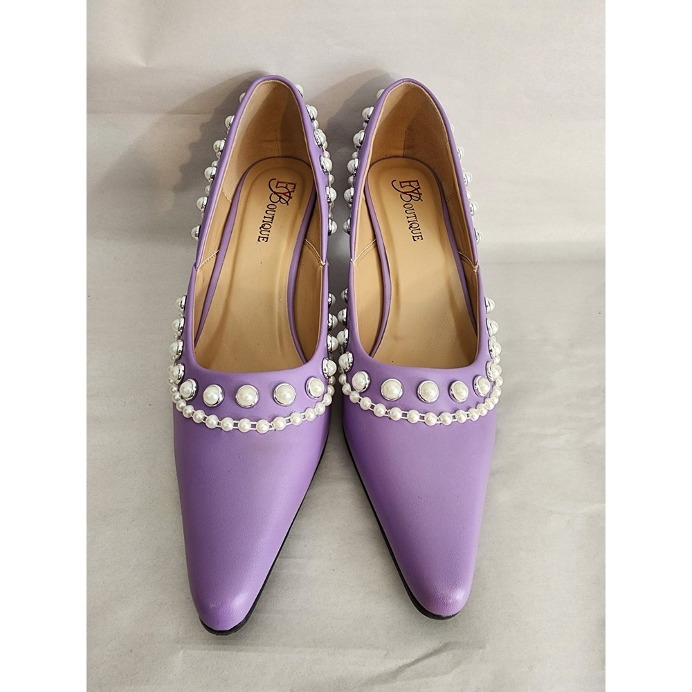EYB Boutique Purple Pearl Studded Pointed Toe Kitten Heels Pumps Size 9M T4273